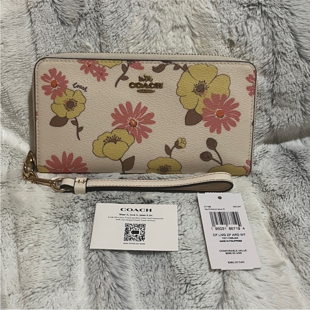 Coach Cream Floral Zip Wristlet with Pink & Yellow Blooms - Picture 5 of 8